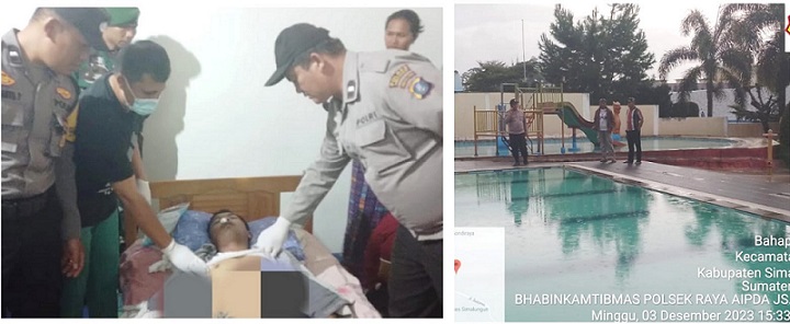 Jenajah korban Gery Steven Purba saat dirumah duka dan personil Polsek Raya saat Olah TKP di Kolam Renang Simalungun City Hotel