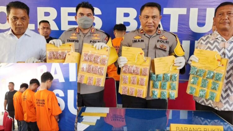 Polres Batu Bara tangkap tiga remaja diduga pengedar narkoba jenis pil inek/ekstasi di Indrapura Kecamatan Air Putih Batubara. (Foto Ist)