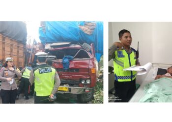 Kasat Lantas AKP Gabriellah A. Gultom, SIK, MH saat pimpin cek TKP dan supir truk yang mengalami luka