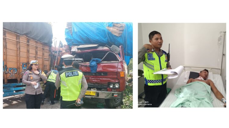 Kasat Lantas AKP Gabriellah A. Gultom, SIK, MH saat pimpin cek TKP dan supir truk yang mengalami luka