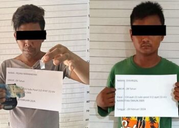 Dua tersangka pengedar narkoba jenis sabu ditangkap dalam penggerebekan di wilayah Sunggal. (Foto Ist)