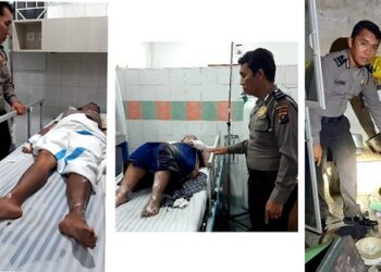 Personil Polsek Siantar Utara melihat Ibu dan anak yang mengalami luka bakar serta amankan barang bukti gas 3 Kg yang meledak