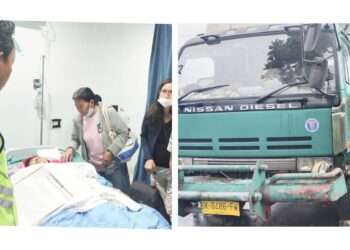 Guru P3K Chronika Erviana Sitorus luka berat di RS Vita Insani dan truk Tronton Box Nissan Diesel BK 8486 FW diduga mengalami rem blong.