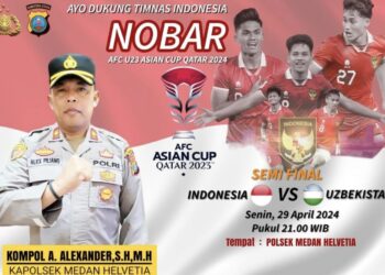 Kapolsek Medan Helvetia, Kompol A.Alexander, SH, MH sebagai pimpinan Polsek Helvetia mengelar nobar semifinal Timnas Indonesia Vs Uzbekistan