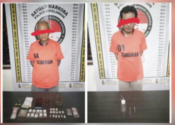 Kedua tersangka Sugianto dan Basir Lesmana alias Opung beserta barang bukti