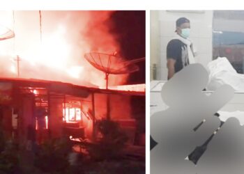 Api saat berkobar. jenajah Suhartono dan putrinya Regita Frakusyah diruangan jenajah