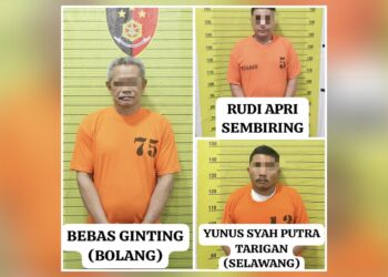 Tiga tersangka pembunuhan wartawan Rico Sempurna Pasaribu sekeluarga di Tanah Karo. (Foto Ist)