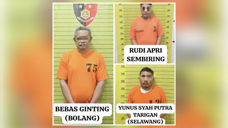 Tiga tersangka pembunuhan wartawan Rico Sempurna Pasaribu sekeluarga di Tanah Karo. (Foto Ist)