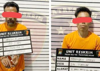 Pelaku dan penadah sepeda motor yang ditangkap dan diamankan di Polsek Deli Tua. (Foto Ist)