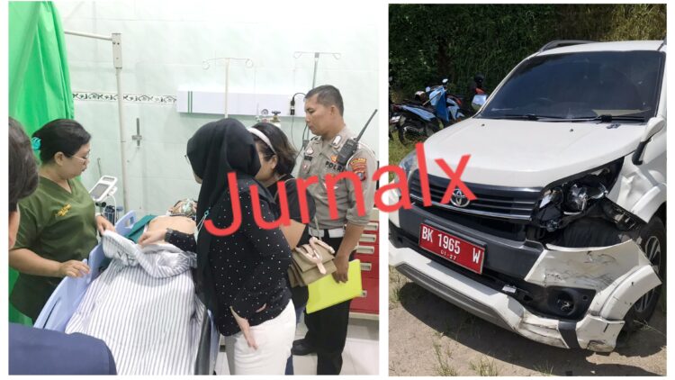 Mahasiswa, Dhear Juventus Siburian mengalami luka dan mobil dinas Toyota Rush BK 1965 W diduga milik BPN Siantar mengalami ringsek