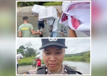 Distribusi Logistik Pilkada 2024 di Nias Selatan tepatnya di Desa Loloabolo, Kecamatan Amandraya dengan menyeberangi sungai. (Foto Ist)