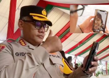 Kapolrestabes Medan, Kombes Pol Gidion Arif Setyawan video call (VC) korban Fitra Samosir karyawan gerai makanan yang dipukul dokter koas RSU Pirngadi Medan. (Foto Ist)