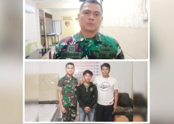 Danyon Infanteri 100/PS Letkol Inf Agus Muchtadi dan pelaku begal yang diserahkan ke Polres Binjai. (Foto Ist)