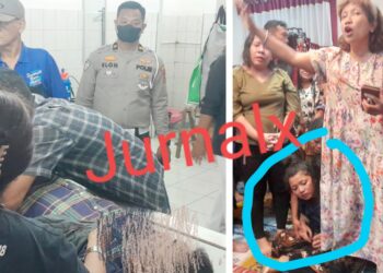 Kanit Gakkum Sat Lantas IPTU Elon Sitinjak melihat jenajah calon pengantin pria, Elon Douglas Lumbanbatu. SE diruangan jenajah RSUD dr Djasamen Saragih dan Calon Pengantin wanita, Ayu Ribka Pasaribu SH menangis histeris di rumah duka calon pengantin pria