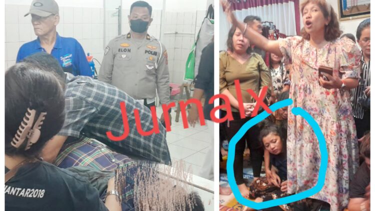 Kanit Gakkum Sat Lantas IPTU Elon Sitinjak melihat jenajah calon pengantin pria, Elon Douglas Lumbanbatu. SE diruangan jenajah RSUD dr Djasamen Saragih dan Calon Pengantin wanita, Ayu Ribka Pasaribu SH menangis histeris di rumah duka calon pengantin pria