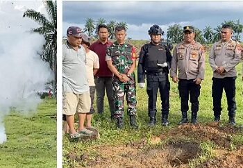 Tim Jibom Polda Sumut dipimpin Katim Composit Subden Bantis AIPTU Bambang Sudirmanto SH saat Disposal satu buah Mortil di Kebun Sawit Dusun 3 Aek Sakur Desa Bandar Pulau Pekan, Kecamatan Bandar Pulau Kabupaten Asahan 