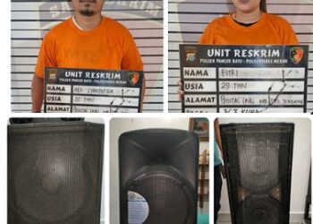Sepasang kekasih yang mencuri speaker yang ditangkap personil Polsek Pancur Batu. (Foto Ist)