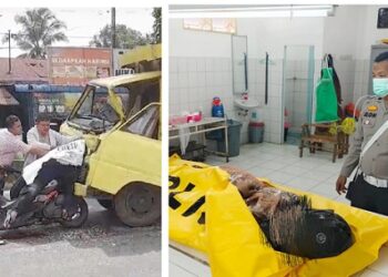 Jenajah korban Muhammad Wira Utama saat masih terjepit diatas sepedamotornya di TKP dan Kanit Gakkum IPTU Ellon Sitinjak SH melihat kondisi jenajah korban diruangan jenajah RSUD dr Djasamen Saragih Kota Siantar