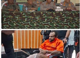 Kepala Operasi Damai Cartenz, Brigjen Pol Faizal Ramadhani didampingi Wakil Kepala Operasi Damai Cartenz, Kombes Pol Adarma Sinaga berikan paparan atas penangkapan desertir Polri Aske Mabel, yang merupakan buronan dalam kasus kejahatan serius di Kabupaten Yalimo, Papua Pegunungan. (Foto Ist)