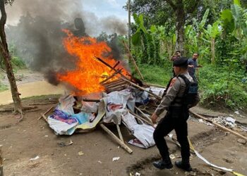 Barak narkoba di kawasan Desa Paya Geli, Kecamatan Sunggal, Kabupaten Deli Serdang dibakar usai digerebek. (Foto Ist)
