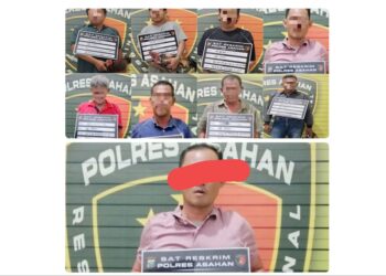 Para pelaku judi sabung ayam dan anggota DPRD Asahan yang dijadikan tersangka. (Foto Ist)