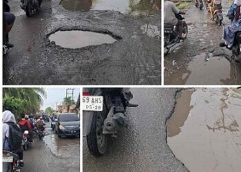Kondisi Jalan Pendidikan I, Desa Sei Rotan, Kecamatan Percut Sei Tuan, Kabupaten Deli Serdang, Sumut rusak parah dan tergenang air.