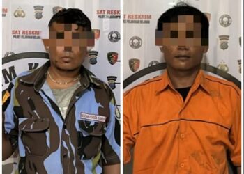 Dua orang pelaku pemerasan terhadap pekerjaan proyek pembangunan di Jalan Pulau Sicanang, Kecamatan Medan Belawan yang diamankan Polres Pelabuhan Belawan. (Foto Ist)