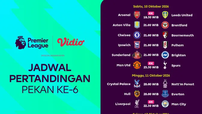 Premier League 2026/27 Matchweek 6: Jadwal Lengkap Siaran Langsung