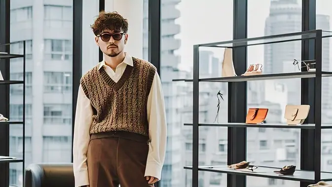 Celana Coklat Wide Leg, Vest Rajut, Kemeja Oversized: Gaya Hangat Sederhana