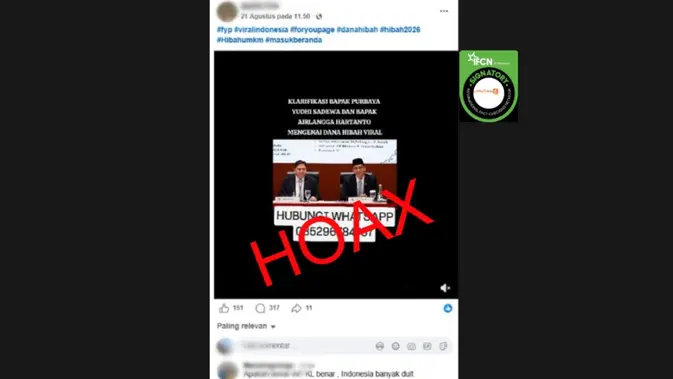 Video Airlangga dan Purbaya Umumkan Dana Hibah, Klaim Menyesatkan