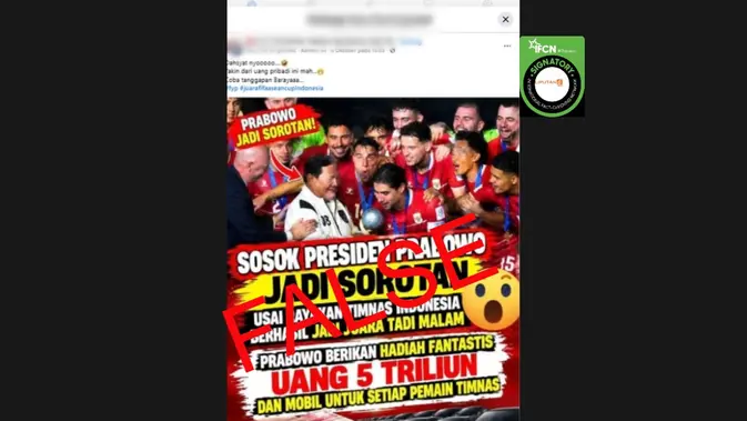 Cek Fakta: Klaim Hadiah Rp 5 Triliun dan Mobil untuk Pemain Timnas