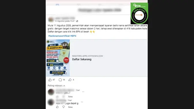 Tautan Pendaftaran Balik Nama Sertifikat Tanah Gratis Teridentifikasi Tidak Akurat