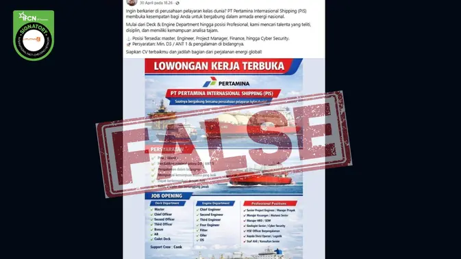 HOAX: Lowongan Kerja Pertamina International Shipping Lewat WhatsApp