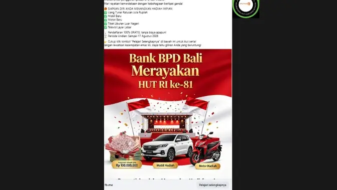 Cek Fakta: Link Undian Berhadiah HUT ke-81 RI Mengatasnamakan Bank BPD Bali