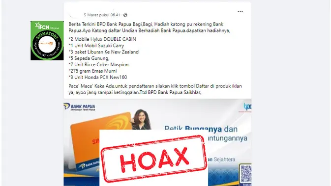Tangkapan Layar Palsu Sebarkan Klaim Undian Bank Papua