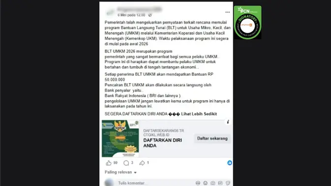 Verifikasi: Link Pendaftaran BLT UMKM Rp 50 Juta Dipastikan Hoaks