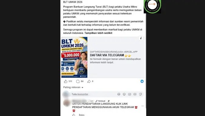 Verifikasi: Link Pendaftaran BLT UMKM 2026 via Telegram Dipastikan Hoaks