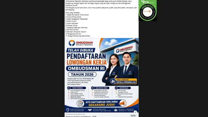 Cek Fakta: Link Pendaftaran Lowongan Kerja Ombudsman 2026 di Facebook Hoax