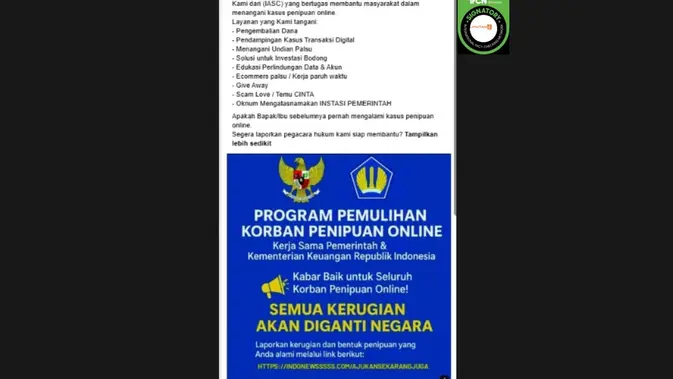 Hoaks! Link Pelaporan Program Pemulihan Korban Penipuan IASC