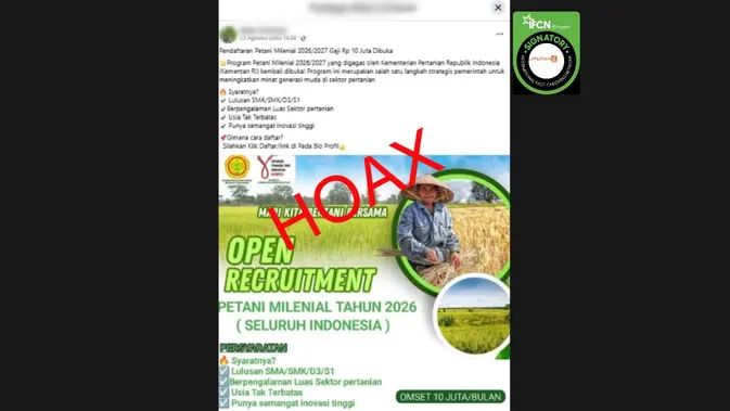 Cek Fakta: Tautan Pendaftaran Petani Milenial Bergaji Rp10 Juta Terbukti Hoax