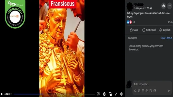 Cek Fakta: Klaim Video Pembuatan Patung Emas Paus Fransiskus