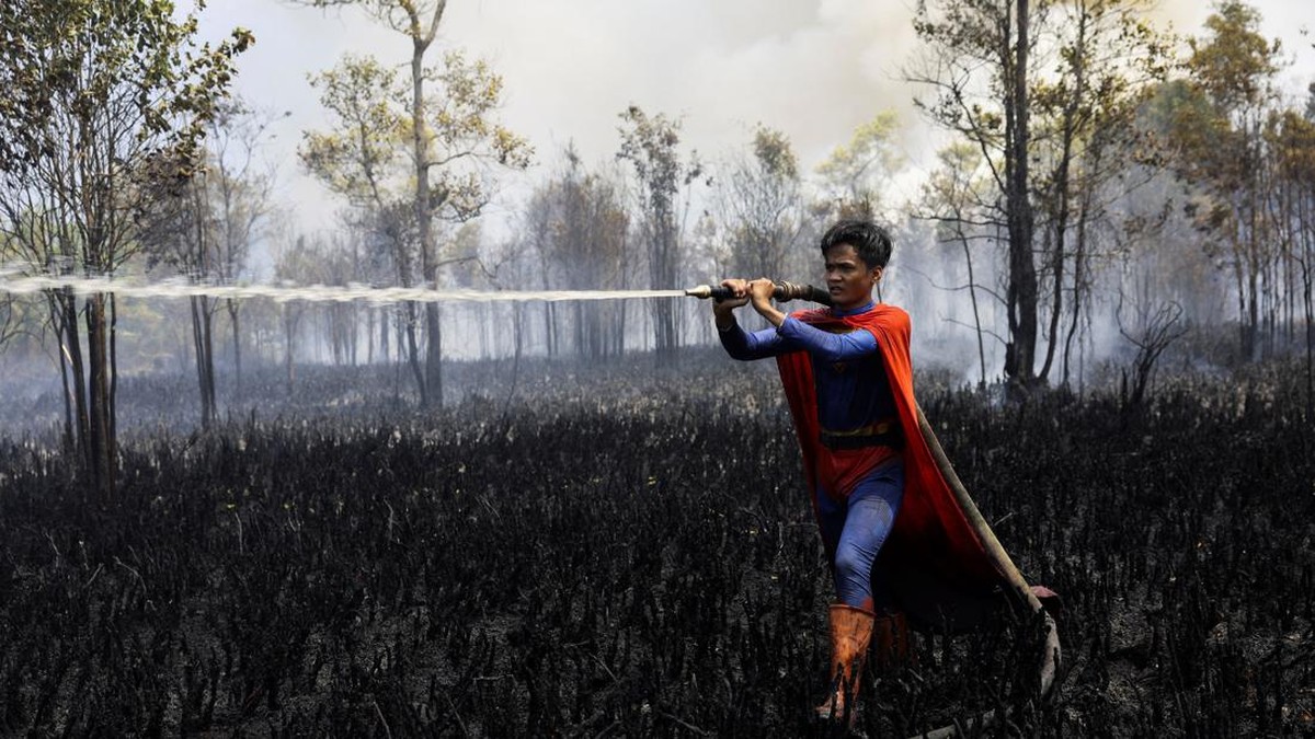 Aksi 'Superman' Warga Padamkan Kebakaran Hutan di Kalimantan