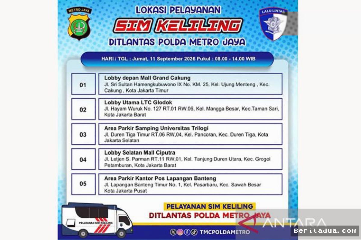 JAKARTA — Polda Metro Jaya Sediakan Layanan SIM Keliling Jumat Ini