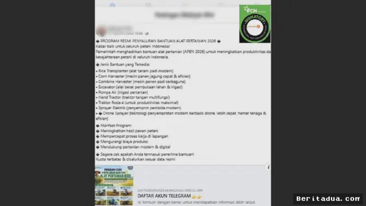 JAKARTA — Hoaks Tautan Pendaftaran Bantuan Traktor dan Alsintan 2026 Marak