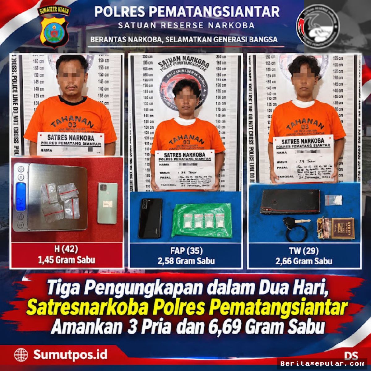 Satresnarkoba Pematangsiantar Amankan 3 Pria dan 6,69 Gram Sabu