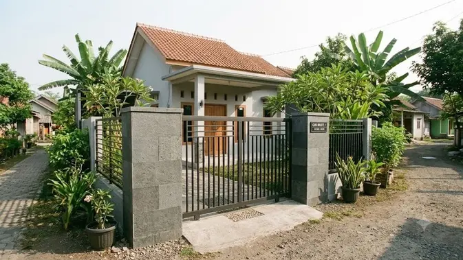 Pilar Batu Alam Bikin Gerbang Rumah Kecil di Desa Makin Estetik