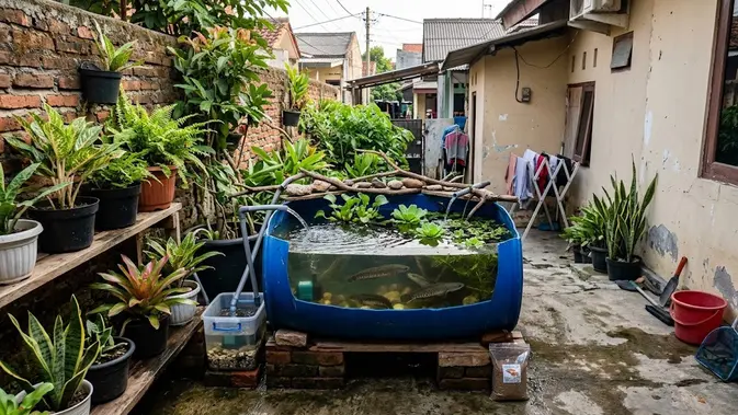 Kolam Ikan Gabus Mini dari Wadah Bekas, Solusi Hemat untuk Halaman Sempit