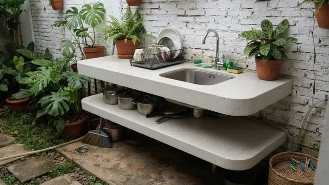 Meja Cor Dua Tingkat, Solusi Cuci Piring Anti Pegal di Belakang Rumah