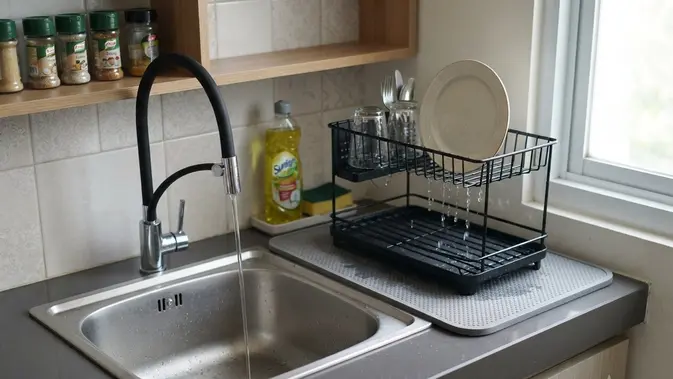Dapur Sempit Anti Becek, Ini Trik Bikin Area Cuci Piring Estetik