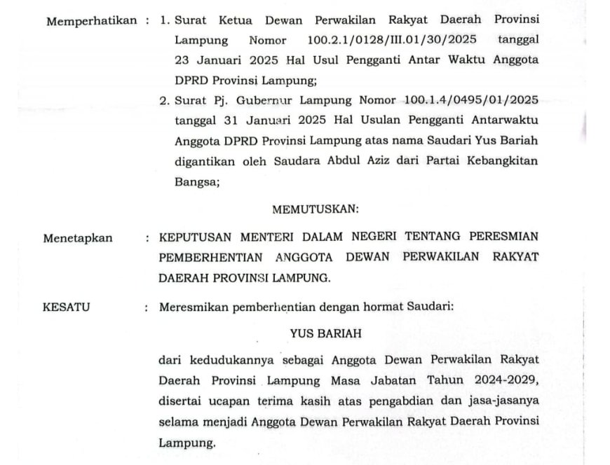 Yus Bariah Resmi Diberhentikan dari DPRD Lampung, Digantikan Abdul Aziz